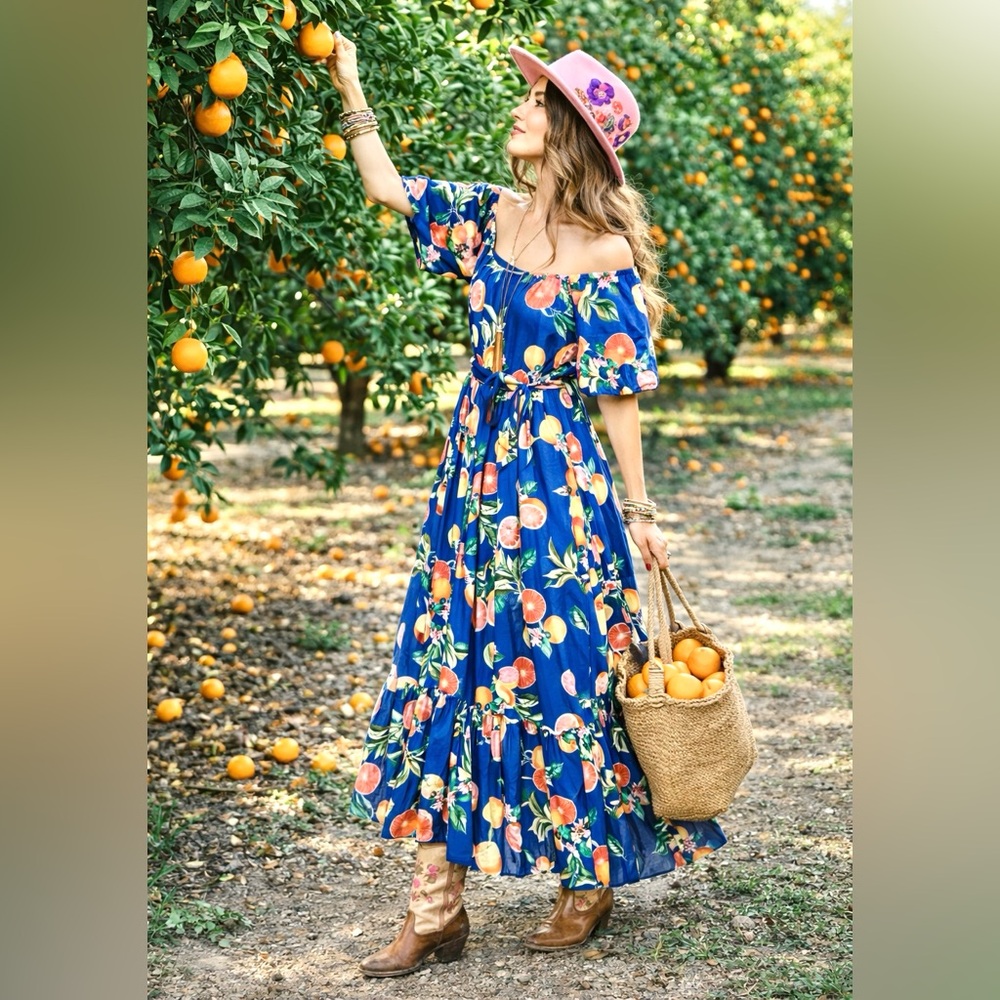 BloomChic Blue Floral Citrus Midi Dress - Picture 2 of 14